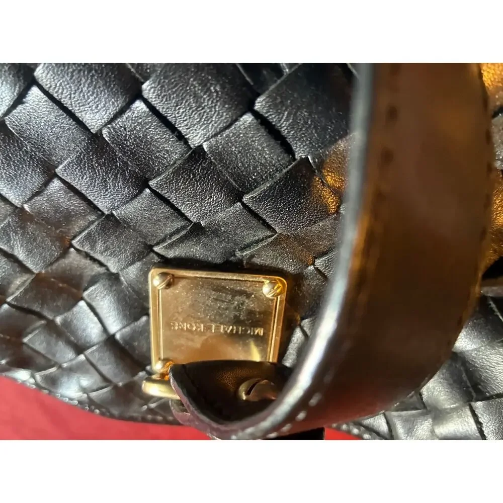 Michael Kors Shoulder Bag Womens Medium Woven Leather Black Gold Hardware MK
